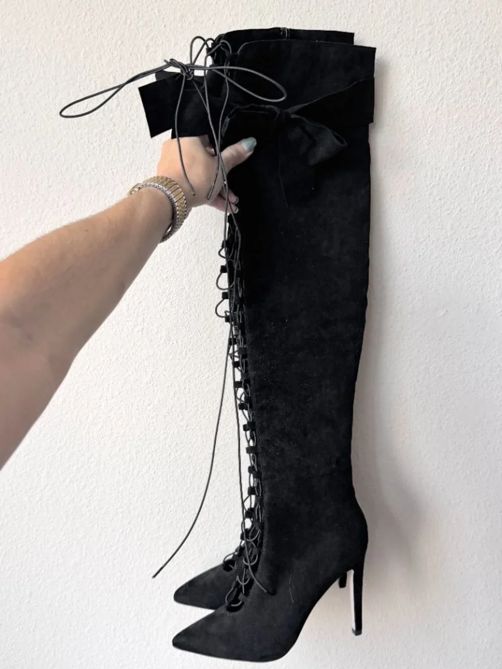 ASOS Black Bow Lace Up Faux Suede Thigh High Boots NEW Size 5